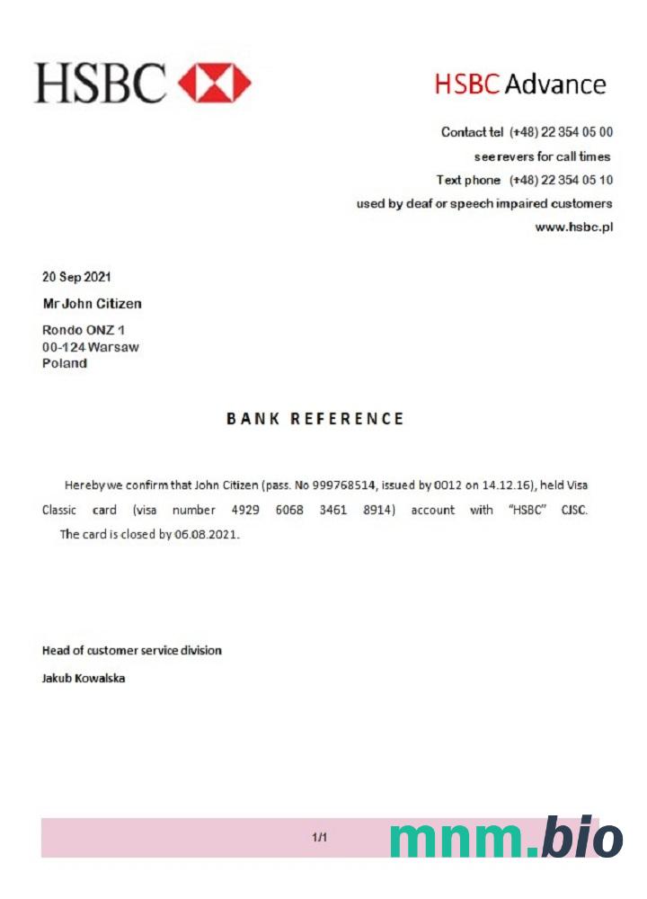 Poland Hsbc Advance closure reference example w formatach Word i PDF